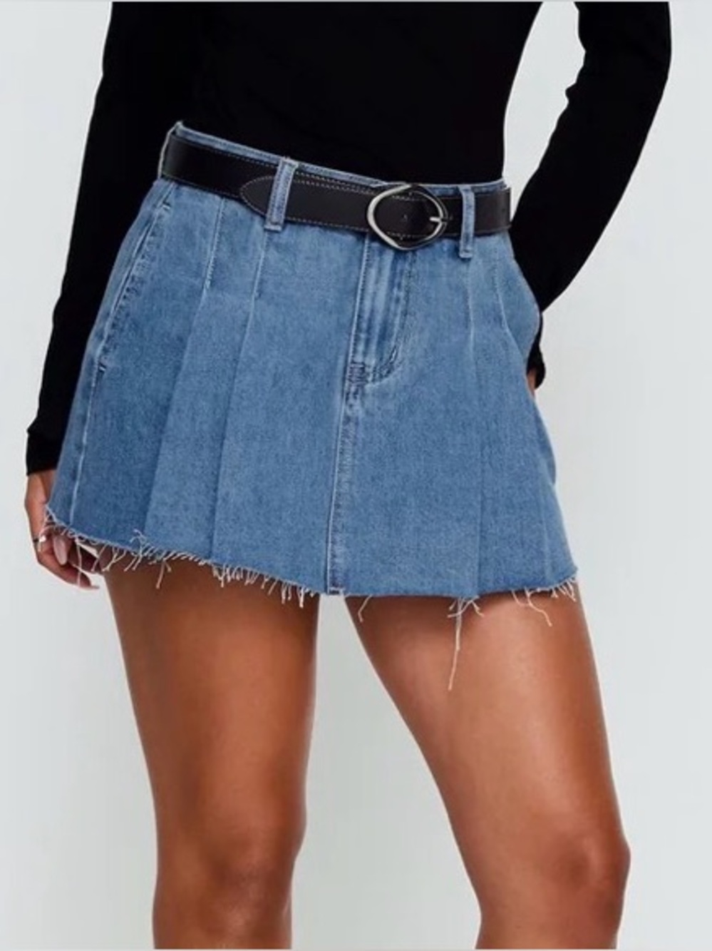 Women's Blue Denim Pleated Mini Skirt